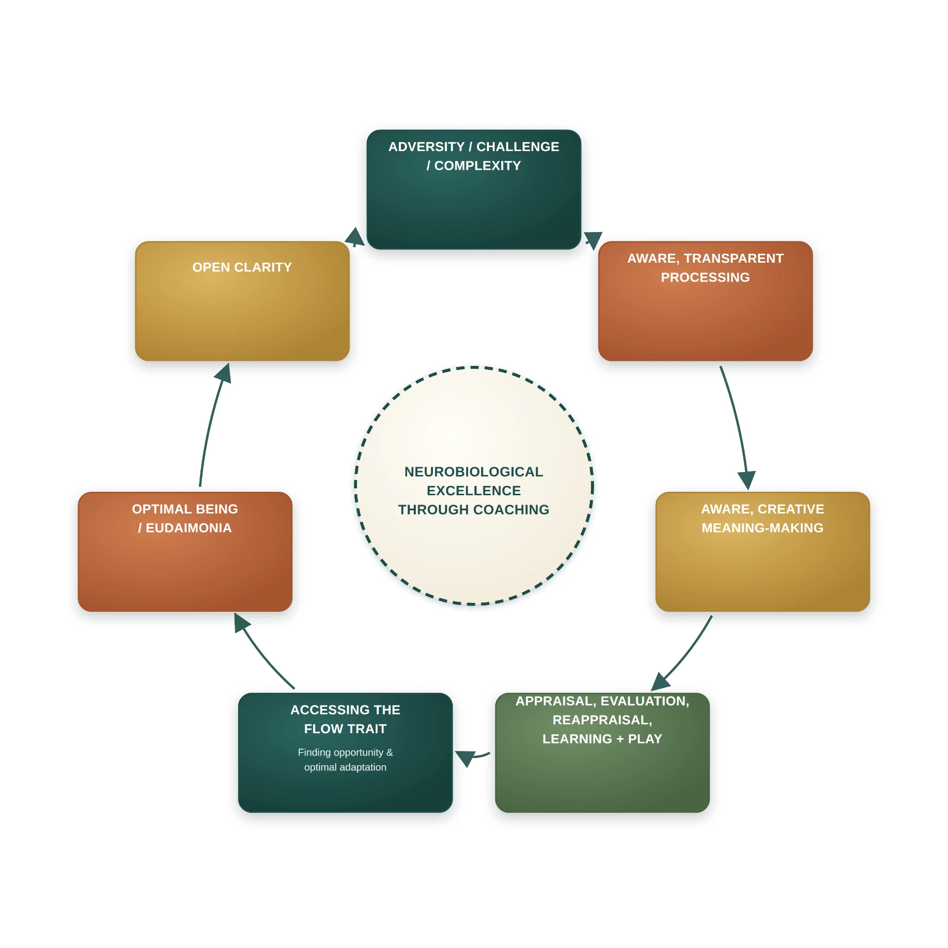 Neurobiological excellence through coaching: aware transparent processing, creative meaning-making, appraisal and play, the flow trait, optimal being and open clarity